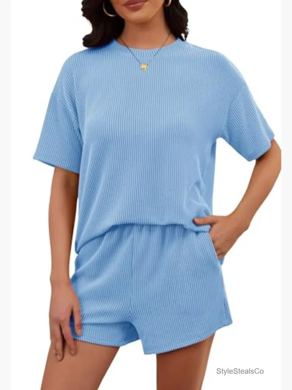 Ribbed Knit Lounge Shorts Set - Two Piece Matching Tracksuit